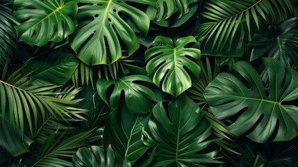 A seamless botanical pattern showcasing a variety of abstract tropical leaves. The design includes vibrant green palm leaves, monstera foliage, and exotic plants, arranged in a harmonious and lively
