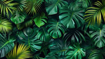 Fototapeta premium A detailed and realistic seamless pattern featuring abstract tropical leaves. The composition includes palm fronds, monstera leaves, and other exotic foliage in vibrant green tones with subtle hints