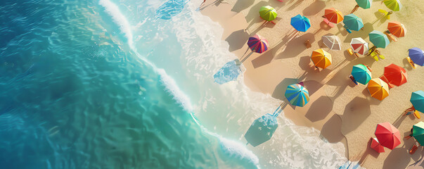 Fototapeta premium Aerial view of a vibrant beach with colorful umbrellas, people swimming and enjoying the sunny day by the ocean.