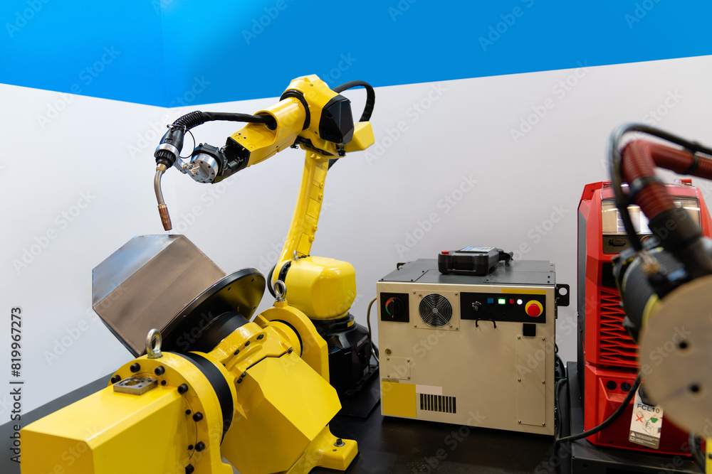 Poster welding robot arms on a smart factory.
