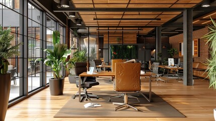 Modern Startup Office with Stylish Furnishings. A modern startup office featuring stylish furnishings, open workspaces, and vibrant decor, creating a dynamic and creative environment.