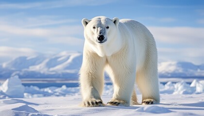 Fototapeta premium Polar bears walks in extreme winter weather, standing above snow with a view of the frost mountains