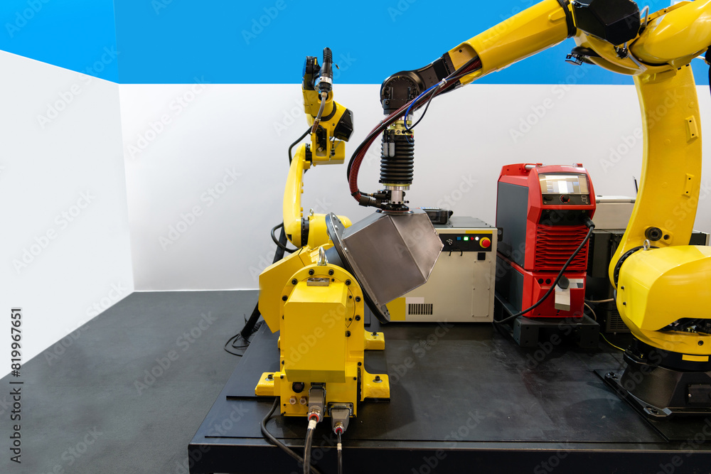Poster welding robot arms on a smart factory.