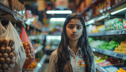 Fototapeta premium young indian girl standing at super market
