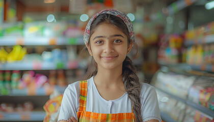 young indian girl standing at super market