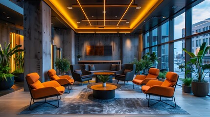 Modern hotel lobby interior with dark gray walls and light wood accents, ceiling with yellow LED...