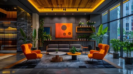 Modern hotel lobby interior with dark gray walls and light wood accents, ceiling with yellow LED...
