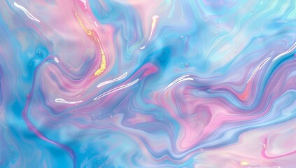 Abstract background with holographic gradient in blue, pink and orange colors. Beautiful blurred wallpaper for your design project. Iridescent liquid texture with wavy shapes. 