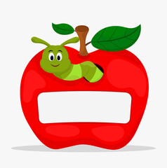 Funny cartoon caterpillar coming out from red apple