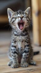 a kitten yawning in front of a wood floor