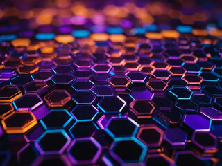 Colorful digital hexagon technology background in shades of purple, blue, and orange