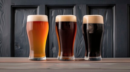 Dark ale, brown ale and a indian pale ale on a bar counter. Side view
