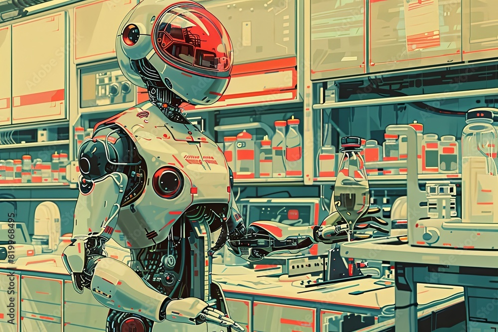 Poster a humanoid robot is standing in a laboratory, looking intently at a computer screen