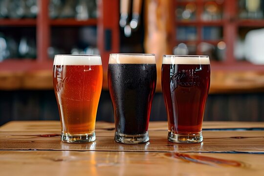 Dark ale, brown ale and a indian pale ale on a bar counter, side view