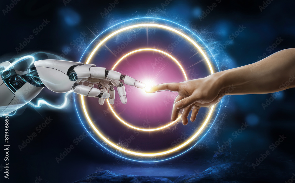 Poster artificial intelligence concept: human and robotic hands touching with glowing circular background f