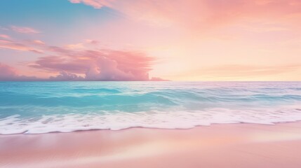 Fototapeta premium Beautiful sunrise beach. Exotic shore, waves on bright sand, sea horizon. Closeup, Mediterranean dream, sunset sky. Peaceful tranquil relax. Positive energy meditation. High quality photo