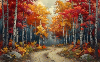 Scenic autumn forest with a winding path, surrounded by vibrant red, orange, and yellow foliage under a cloudy sky.