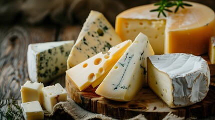 Photograph of various types of cheese on wooden background, high resolution photography, stock photo, professional color grading, clean sharp focus .
