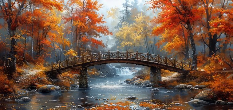 Scenic autumn landscape with a rustic bridge over a serene river, surrounded by vibrant, colorful fall foliage and calm waters.