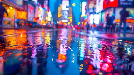 City street with lights reflecting on wet pavement, blurred background showing people walking and...