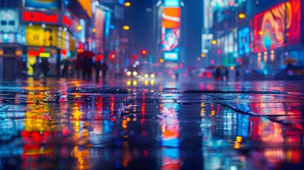 Obraz premium City street with lights reflecting on wet pavement, blurred background showing people walking and buildings in the rain at night, depth of field effect. 