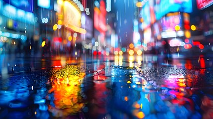 City street with lights reflecting on wet pavement, blurred background showing people walking and buildings in the rain at night, depth of field effect.
