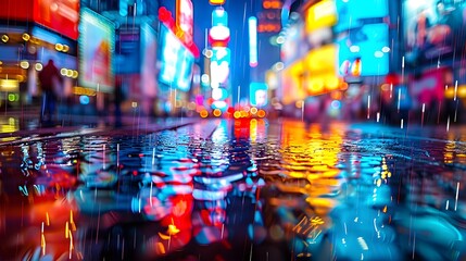 Fototapeta premium City street with lights reflecting on wet pavement, blurred background showing people walking and buildings in the rain at night, depth of field effect. 