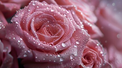 Pink roses with water droplets on them, arranged in an elegant display of love and romance.
