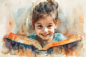 Little Girl Reading a Giant Book.  Watercolor