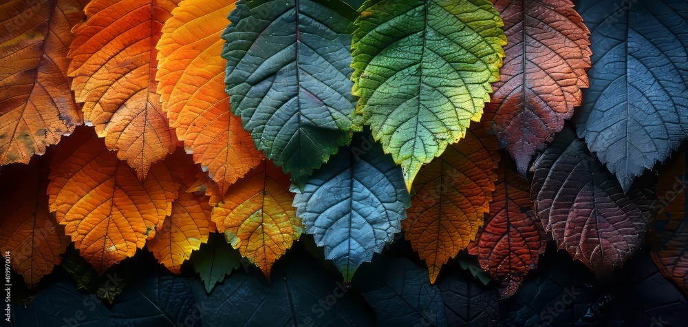 Poster vibrant gradient leaves displaying various colors from green to orange and blue, depicting the trans