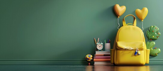 yellow backpack with school supplies on a green background with copy space for text and doodle elements, concept artwork design template in the style of back to middle school.