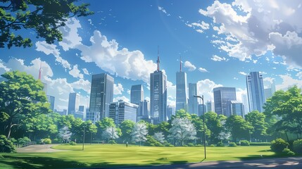 Illustration of city skyline beyond a park, in the style of anime