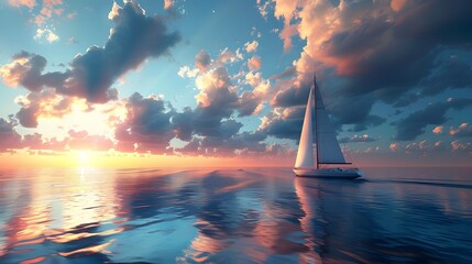 Sailing yacht in the ocean at sunset. The boat is floating on calm water, with blue sky and clouds above it.
