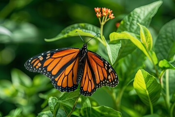 Fototapeta premium A monarch butterfly is perched on a leaf, its wings spread open to reveal their vibrant orange and black coloration