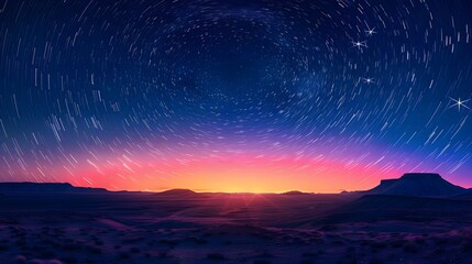 Fototapeta premium Starry sky with streaks of light in the night sky, starry background, star trail photography, night scene. 