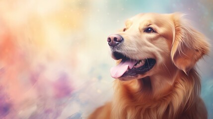 Golden retriever sitting in front of a colorful abstract background, looking up and away from the camera, mouth open and tongue out, panting.