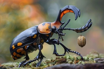 A closeup photograph of a black and orange bug with large pincers holding a brown seed. The bug is standing on a green leaf in a rainforest. The background is blurred.