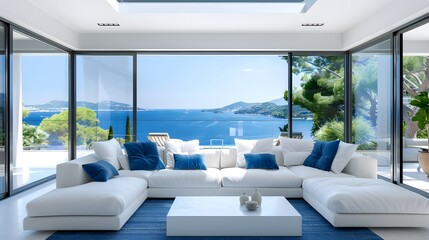 Stunning white Lshaped sofa with blue pillows in modern living room of luxury home on the island French Riviera, large windows overlooking ocean and greenery .
