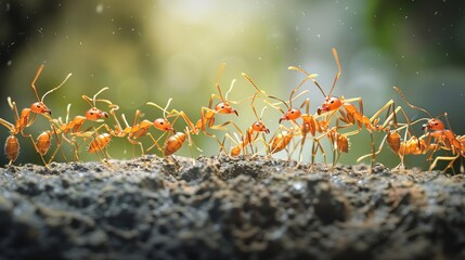 A close-up photograph of a colony of red ants marching in a line across the ground. The ants are all carrying food or other objects. The background is blurred and out of focus.