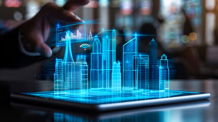 Futuristic Real Estate on Tablet with AI Chatbot Hologram
