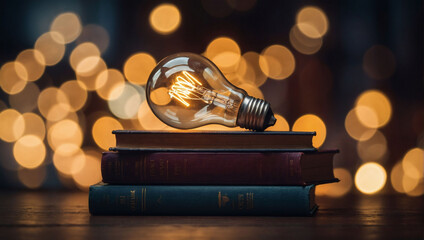 Conceptual image, a light bulb atop a stack of books symbolizing inspiration and creativity derived from reading