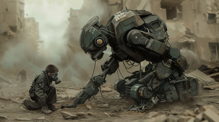 Fototapeta premium Robot and Boy in Post-Apocalyptic World