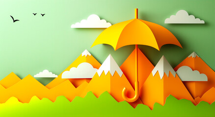 Landscape with umbrellas with warm autumn colors made of cut craft paper.