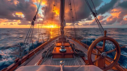 The view from the deck of an elegant sailboat, with a colorful sunset sky and calm ocean waters in the background.
