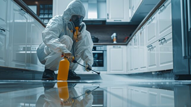 Person in hazmat suit disinfecting kitchen with sprayer. Surface treatment during coronavirus pandemic. A guy from the pest control service in a mask and a white protective suit sprays poisonous gas