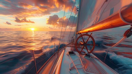 The view from the deck of an elegant sailboat, with a colorful sunset sky and calm ocean waters in the background.

