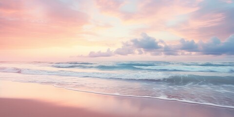 Obraz premium Beautiful sunrise beach. Exotic shore, waves on bright sand, sea horizon. Closeup, Mediterranean dream, sunset sky. Peaceful tranquil relax. Positive energy meditation. High quality photo