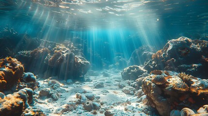 Underwater view of the deep sea, showcasing rocks and corals with sunlight filtering through the water.
