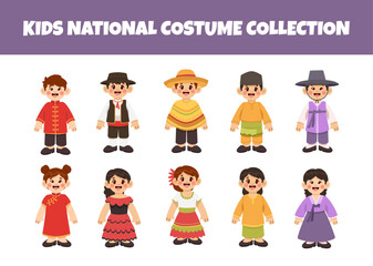 Kids national costume vector illustration set