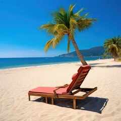 An empty sunbed on a sandy beach with palm trees near the ocean. Landscape. AI